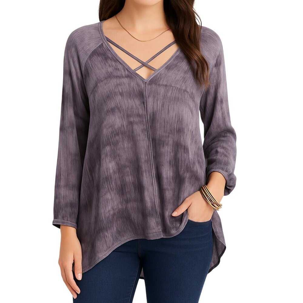 Umgee Purple Crinkle Tunic Top Long Sleeve V Neck Criss Cross Boho Womens Size M - Picture 2 of 16